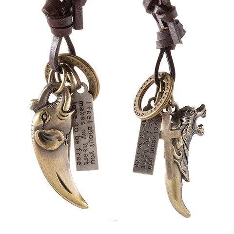 Collana con Ciondolo a Forma di Testa di Elefante e Lupo in Lega Vintage Cordino in Pelle Regolabile Croce Retro Hip Hop Punk Gioielli Uomo Donna