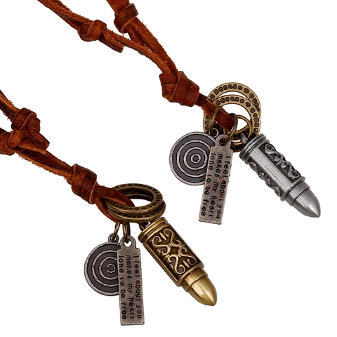 Collar de Colgante de Cuero de Vaca Punk Vintage para Hombres Mujeres Bronce Plata Antigua Bala Aleación Geométrica Joyería