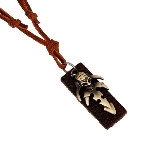 Collana con Pendente a Teschio in Lega Punk Vintage Bronzo Cordino in Pelle Fiore Doppio Anello Gioielli Geometrici Unisex