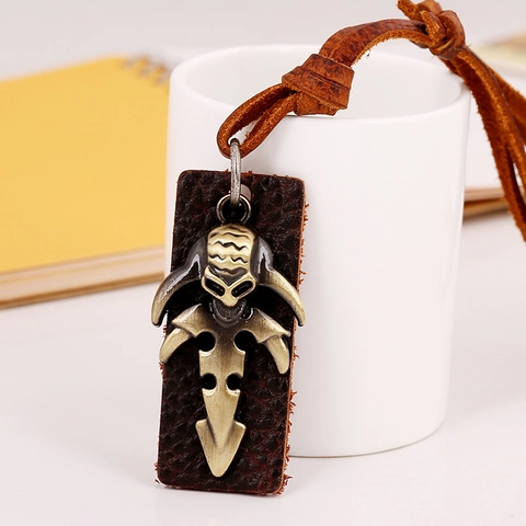 Collana con Pendente a Teschio in Lega Punk Vintage Bronzo Cordino in Pelle Fiore Doppio Anello Gioielli Geometrici Unisex