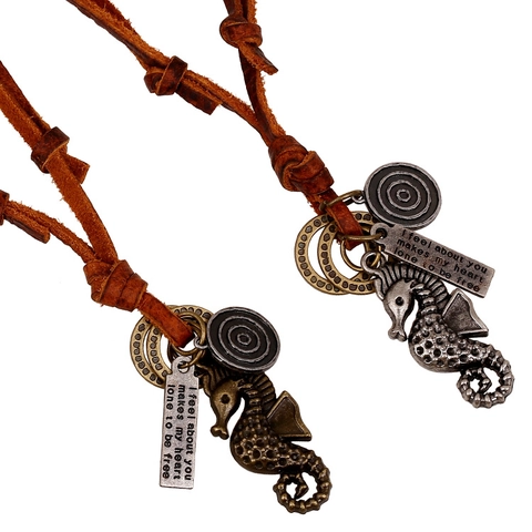 Collana con Ciondolo a Cavalluccio Marino in Stile Retrò Cordino in Vera Pelle Ciondolo in Lega Gioielli Punk Regolabili