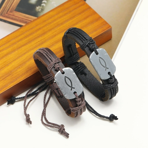 Vintage Geflochtenes Rindsleder Armband Herren Damen Ichthys Fisch Metallplatte Verstellbares Religiöses Kordelarmband Schmuck