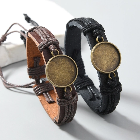 Vintage Ethnic Handmade Braided Synthetic Leather Bracelet With Round Tray Base Adjustable Retro DIY Jewelry For Men Women