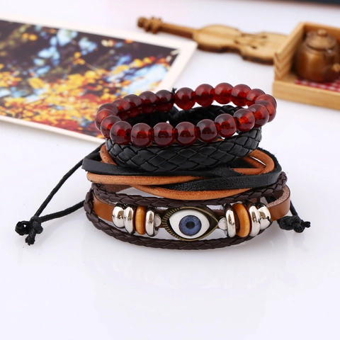 Bracelet Braided Cowhide Leather Hemp Rope Beads And Evil Eye Charm Retro Punk Style Men Jewelry Adjustable