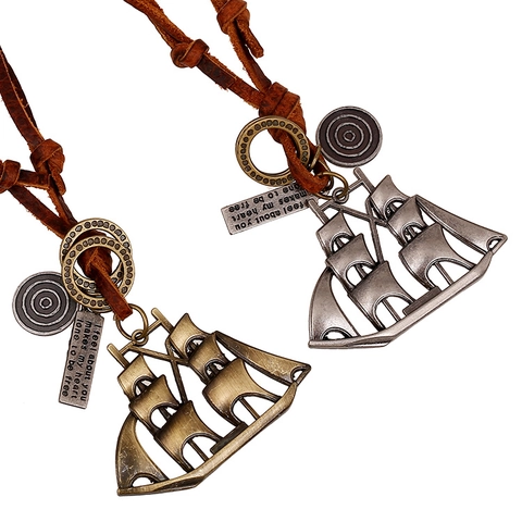 Vintage Sailboat Pendant Necklace Alloy Top Grain Cowhide Leather Cord Retro Nautical Jewelry For Men Women Antique Bronze