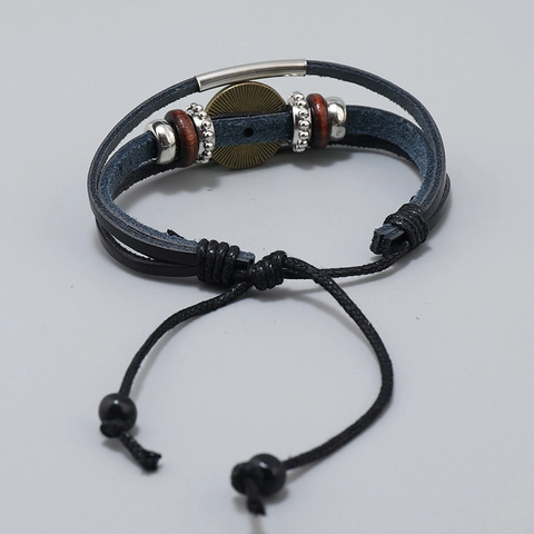 Vintage Multi-layer Leather Bracelet For Men Women Handwoven Wax Rope Wood Beads Maple Leaf Pattern Glass Cabochon Wrap Bracelet
