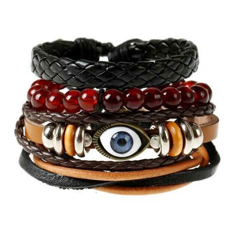 Bracelet Braided Cowhide Leather Hemp Rope Beads And Evil Eye Charm Retro Punk Style Men Jewelry Adjustable