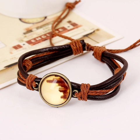 Pulsera de Cuero de Vaca Tejido de Varias Capas Vintage Aleación de Bronce Antiguo Gema de Vidrio Ajustable Estilo Punk Joyería Unisex