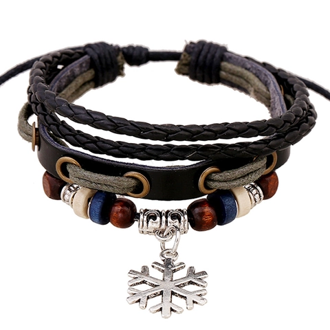 Vintage Genuine Leather Braided Multi Layer Beaded Bracelet With Alloy Snowflake Pendant Constellation Charm Jewelry Unisex Gift