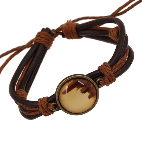 Pulsera de Cuero de Vaca Tejido de Varias Capas Vintage Aleación de Bronce Antiguo Gema de Vidrio Ajustable Estilo Punk Joyería Unisex