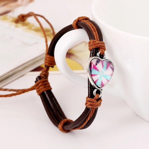 Retro Multilayer Braided Cowhide Leather Bracelet Heart Glass Time Gem Pendant Handmade Punk Ethnic Adjustable Wristband Jewelry