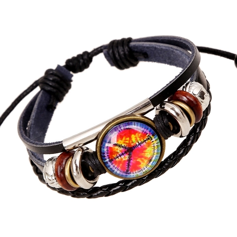 Bohemian Multilayer Leather Bracelet Peace Sign Woven Cord Bracelet Wood Beads Alloy Accents Vintage Ethnic Unisex Jewelry