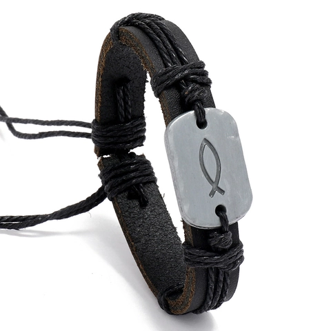 Vintage Geflochtenes Rindsleder Armband Herren Damen Ichthys Fisch Metallplatte Verstellbares Religiöses Kordelarmband Schmuck