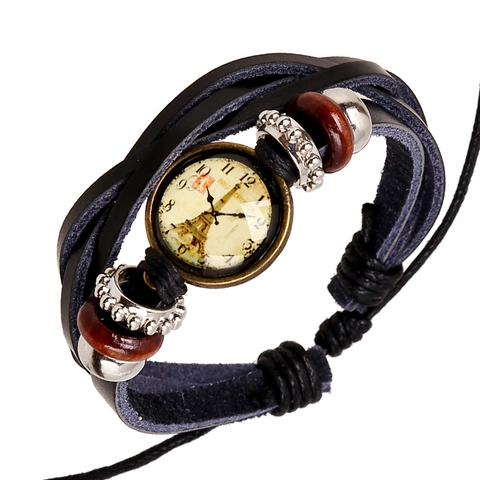 Vintage Punk Herren Mehrlagig Geflochtenes Lederarmband Mit Eiffelturm Zifferblatt Anhänger Holzperlen Legierung Strass Wickelarmband Schmuck