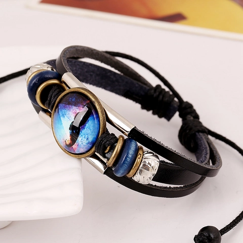 Vintage Punk Multi-layer Leather Bracelet For Men Women Handmade Starry Sky Glass Gemstone Braided Adjustable Jewelry Gift