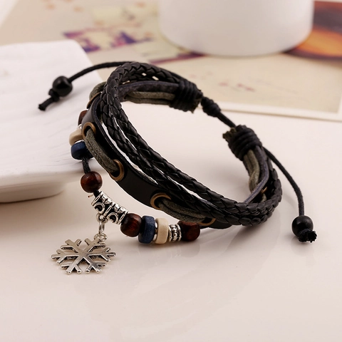 Vintage Genuine Leather Braided Multi Layer Beaded Bracelet With Alloy Snowflake Pendant Constellation Charm Jewelry Unisex Gift