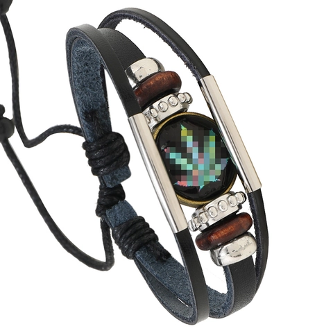 Vintage Multi-layer Leather Bracelet For Men Women Handwoven Wax Rope Wood Beads Maple Leaf Pattern Glass Cabochon Wrap Bracelet