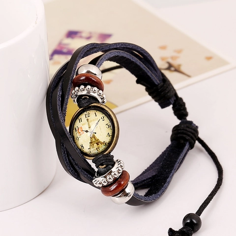 Vintage Punk Herren Mehrlagig Geflochtenes Lederarmband Mit Eiffelturm Zifferblatt Anhänger Holzperlen Legierung Strass Wickelarmband Schmuck