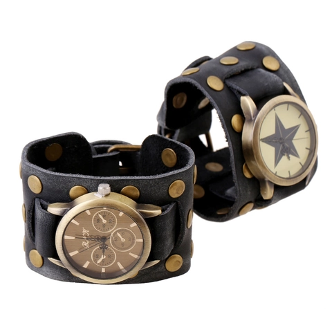 Orologio Bracciale in Pelle Larga Vintage Punk in Pelle di Vacchetta Pieno Fiore Lega di Bronzo Borchie Quarzo Stella a Cinque Punte Gioielli
