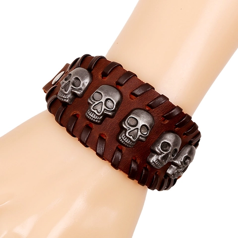 Vintage Punk Genuine Leather Bracelet Men Wide Braided Gothic Skull Wristband Retro Brown Cowhide Alloy Metal Hand Jewelry
