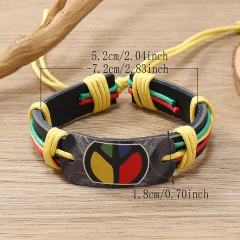 Bracciale in Pelle Intrecciato a Mano Minimalista per Uomo Donna Segno della Pace Rosso Giallo Verde Giamaicano Regolabile