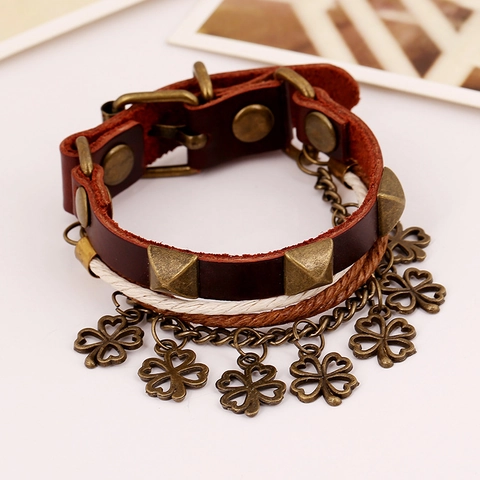 Bracelet en Cuir Retro Punk Pour Hommes Femmes Bronze Alliage Trèfle Rivet Charme Réglable Ethnique Multicouche Bijoux