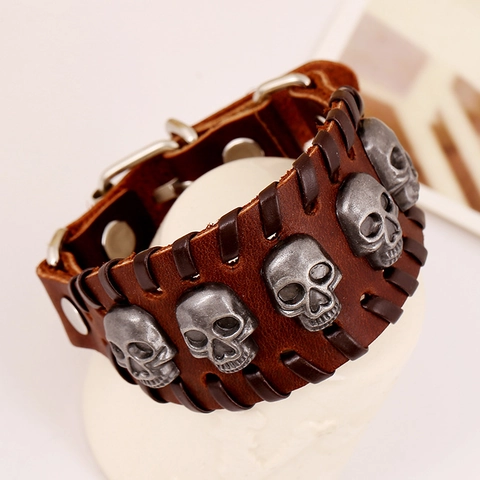 Vintage Punk Genuine Leather Bracelet Men Wide Braided Gothic Skull Wristband Retro Brown Cowhide Alloy Metal Hand Jewelry