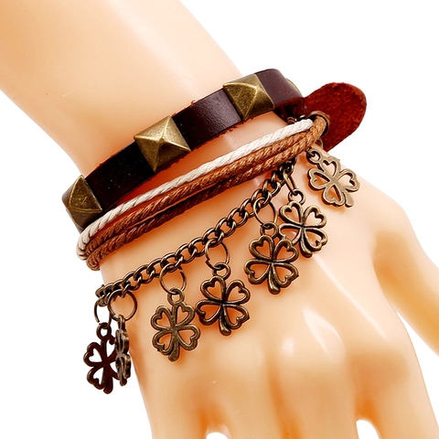 Bracelet en Cuir Retro Punk Pour Hommes Femmes Bronze Alliage Trèfle Rivet Charme Réglable Ethnique Multicouche Bijoux