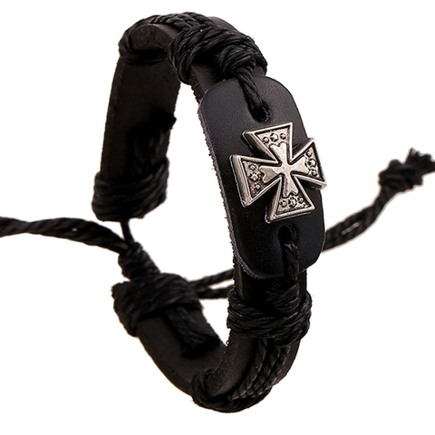 Vintage Men Women Braided Cowhide Leather Bracelet Punk Alloy Iron Cross Charm Adjustable Woven Wrap Bracelet Jewelry Gift