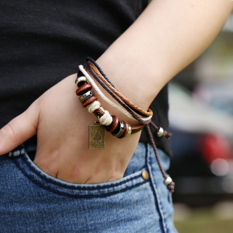 Vintage Punk Genuine Leather Braided Bracelet For Men Women Handmade Beaded Poker Ace Of Spades Pendant Bracelet Ethnic Jewelry
