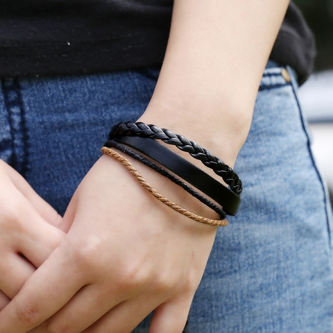 Pulsera de Cuero de Vaca Trenzada a Mano Vintage para Hombres Mujeres Retro Multicapa Cuerda de Cáñamo Joyas de Cuero Ajustables