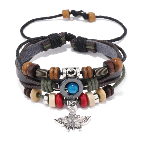Vintage Multi-layer Braided Cattle Leather Bracelet Butterfly Pendant Ethnic Wood Beads Wax Cord Unisex Adjustable Bracelet