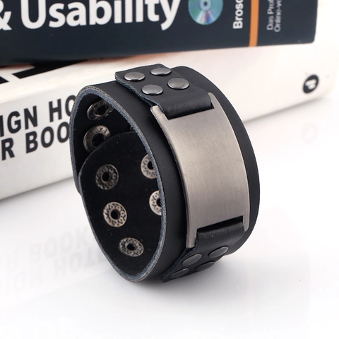 Vintage Punk Men Leather Bracelet Wide Adjustable Wrap Cuff Bangle Alloy Metal Plate Retro Rock Jewelry Accessory For Men