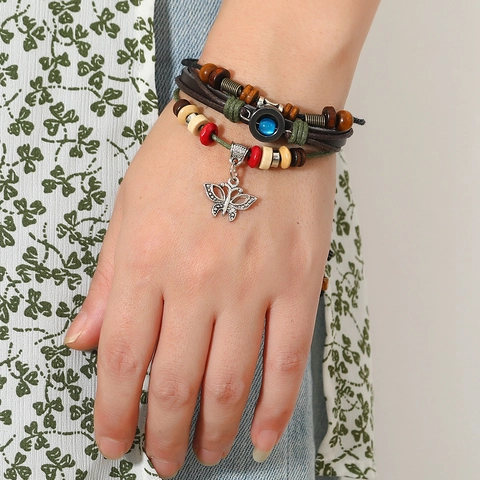 Vintage Multi-layer Braided Cattle Leather Bracelet Butterfly Pendant Ethnic Wood Beads Wax Cord Unisex Adjustable Bracelet