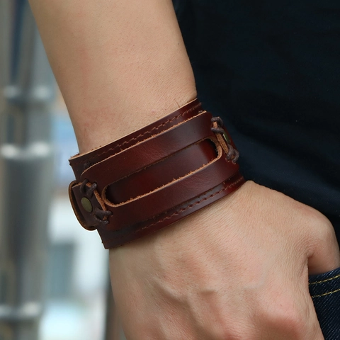 Vintage Herren Braun Mehrlagiges Breites Lederarmband Handgefertigtes Punk Manschette Mit Wachsschnur Eisen Stollen Schmuck