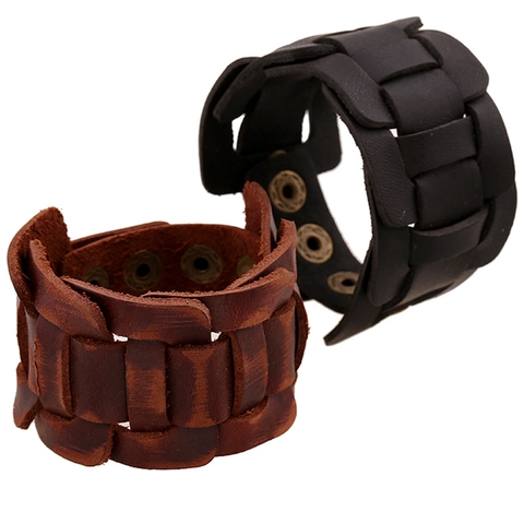 Vintage Unisex Wide Leather Bracelet Punk Rock Woven Wristband Adjustable Metal Snaps Retro Cuff Bangle Jewelry Fashion Gift