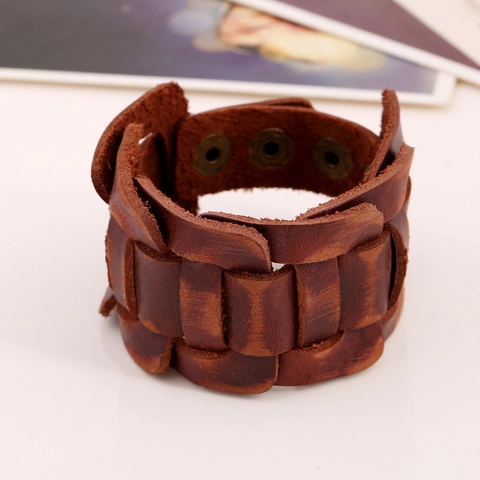 Vintage Unisex Wide Leather Bracelet Punk Rock Woven Wristband Adjustable Metal Snaps Retro Cuff Bangle Jewelry Fashion Gift