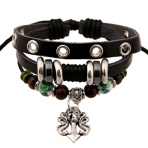 Vintage Punk Multilayer Leather Bracelet With Alloy Skull Pendant Rivet Beaded Gothic Adjustable Jewelry For Men Women