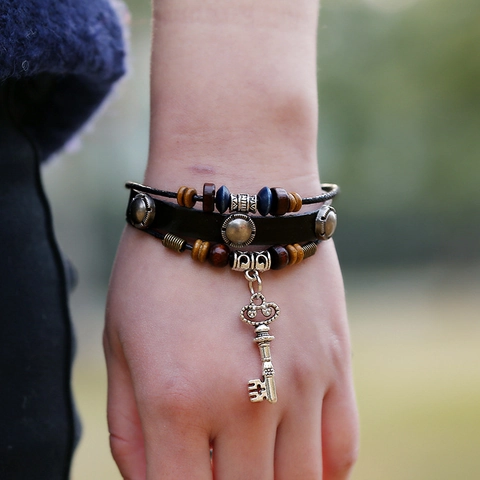 Retro Punk Cowhide Leather Beaded Bracelet Multi-layer Bohemian Braided Bracelet With Alloy Key Pendant For Men Women Jewelry