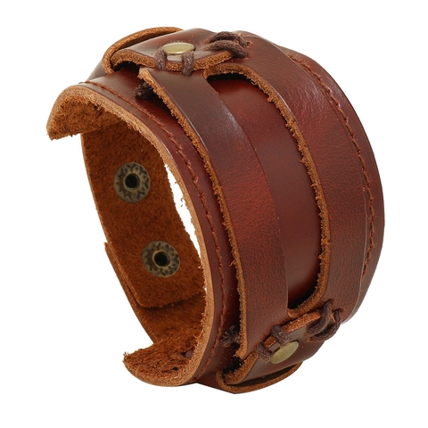 Vintage Herren Braun Mehrlagiges Breites Lederarmband Handgefertigtes Punk Manschette Mit Wachsschnur Eisen Stollen Schmuck