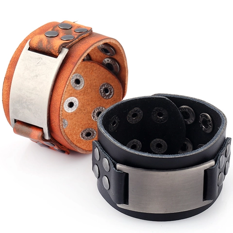 Vintage Punk Men Leather Bracelet Wide Adjustable Wrap Cuff Bangle Alloy Metal Plate Retro Rock Jewelry Accessory For Men