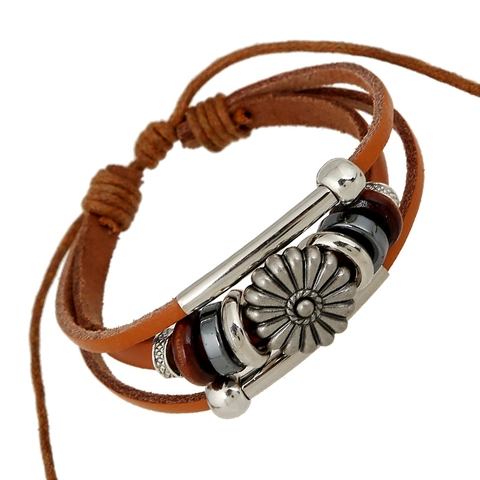 Bracciale Vintage in Pelle di Vacchetta Fatto a Mano per Uomo Donna Multistrato Intrecciato Girasole in Lega Gioielli
