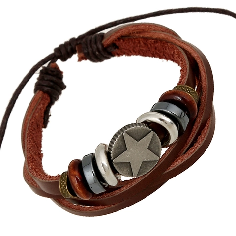 Pulsera de Cuero de Vaca de Varias Capas Punk Retro para Hombres Mujeres Estrella Aleación Dije Cuenta de Madera Trenzada Ajustable