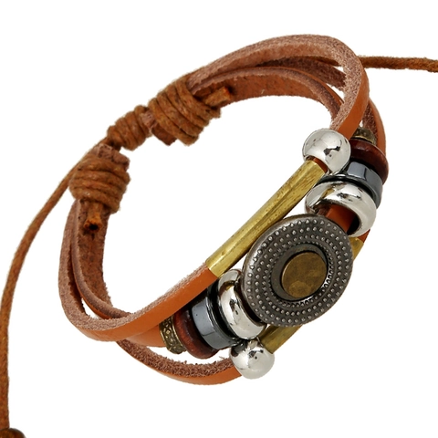 Retro Cowhide Leather Alloy Braided Bracelet Men Women Multi Layered Geometric Punk Biker Adjustable Hand Woven Jewelry