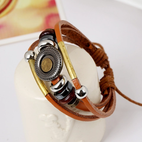 Retro Cowhide Leather Alloy Braided Bracelet Men Women Multi Layered Geometric Punk Biker Adjustable Hand Woven Jewelry