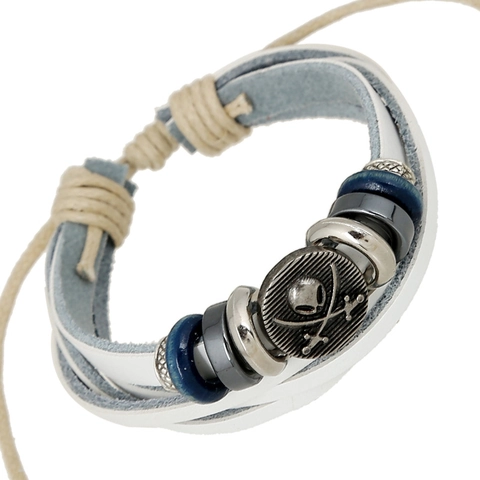Handgefertigtes Geflochtenes Echtes Rindsleder Armband Für Damen Herren Vintage Piraten Totenkopf Legierung Charm Perlen Verstellbarer Schmuck