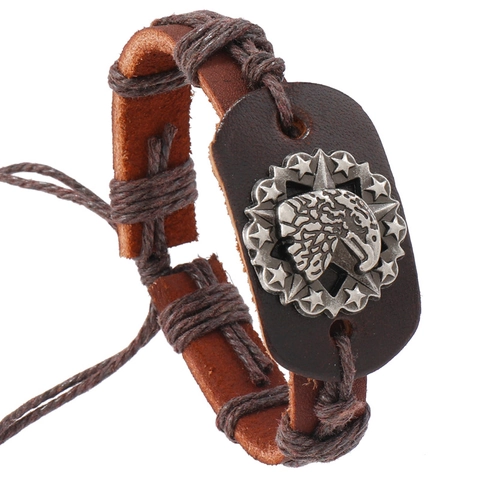 Bracciale da Uomo in Pelle di Vacchetta Punk Retro Intrecciato a Mano Ciondolo Aquila Stella Marrone Regolabile Gioielli Vintage