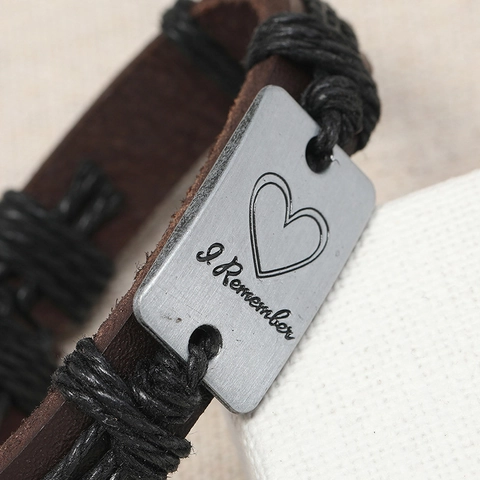 Vintage Men Braided Leather Bracelet With Heart I Remember Metal Plate Adjustable Hemp Rope Cord Men Jewelry Gift
