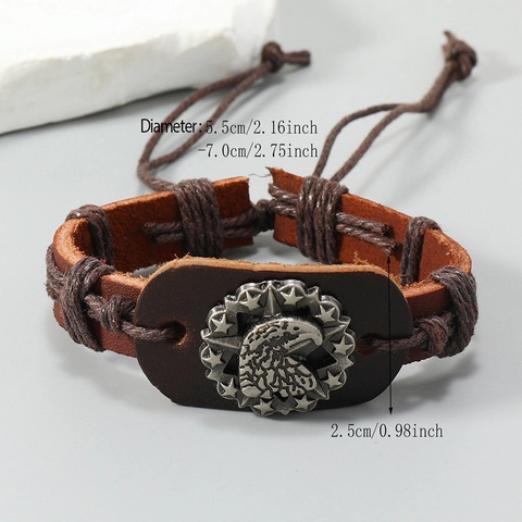 Bracciale da Uomo in Pelle di Vacchetta Punk Retro Intrecciato a Mano Ciondolo Aquila Stella Marrone Regolabile Gioielli Vintage