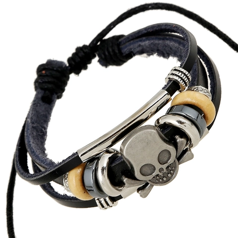Punk Retro Teschio Pelle Intrecciata Braccialetto Per Uomo Donna Regolabile Multistrato Lega Legno Perline Polsino Gioielli